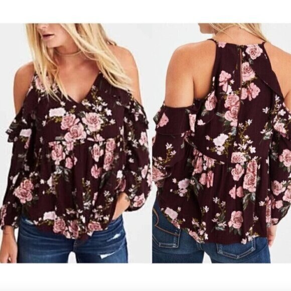 AMERICAN EAGLE Burgundy Maroon Floral Cold Shoulder Long Sleeve Babydoll Blouse - Picture 1 of 15